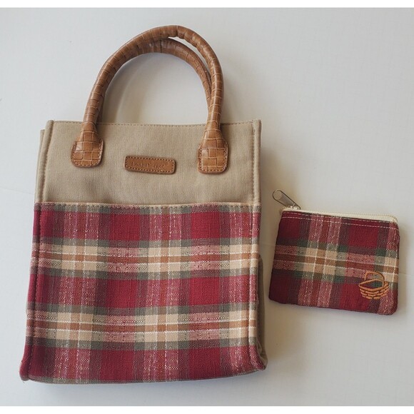 Vintage Longaberger Homestead Small Tote Purse Handles & Coin Bag Plaid Red Tan - Picture 1 of 12